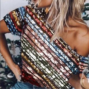 Sequined Skew Neck Striped Blouse